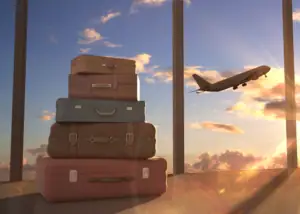 Stack of suitcases by a window with an airplane taking off outside