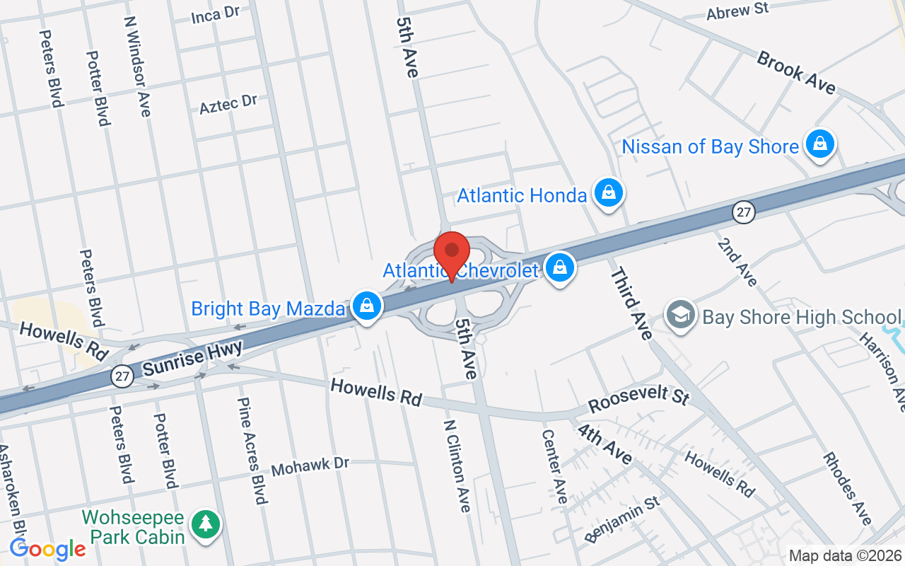 Map of Sunrise Hwy service rd in Bay Shore, NY - common car accident location