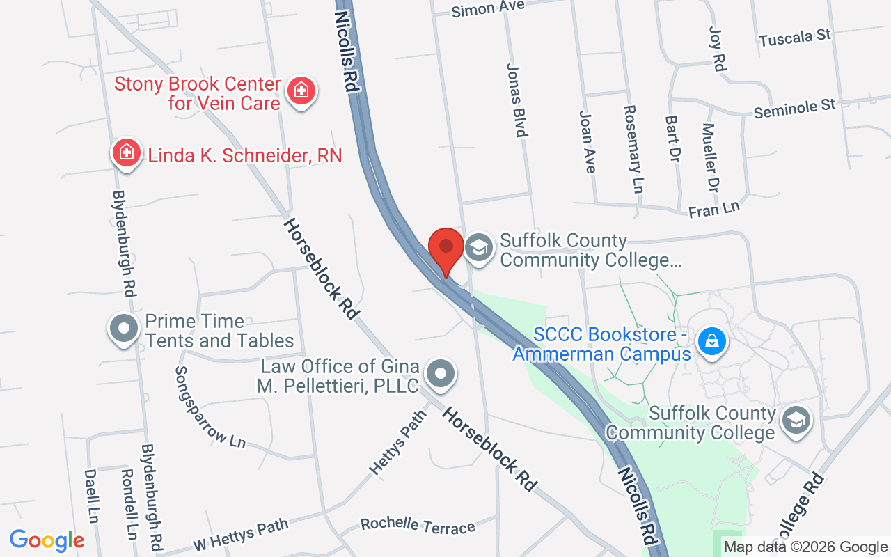 Map of Rt 25 @ Nicolls Rd in Centereach, NY - common car accident location