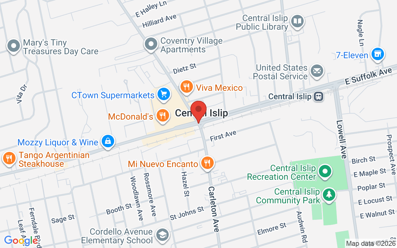 Map of Carleton Ave @ Suffolk Ave in Central Islip, NY - common car accident location