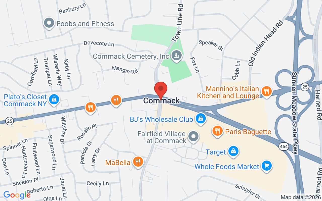 Map of Jericho Tpke @ Commack Rd in Commack, NY - common car accident location
