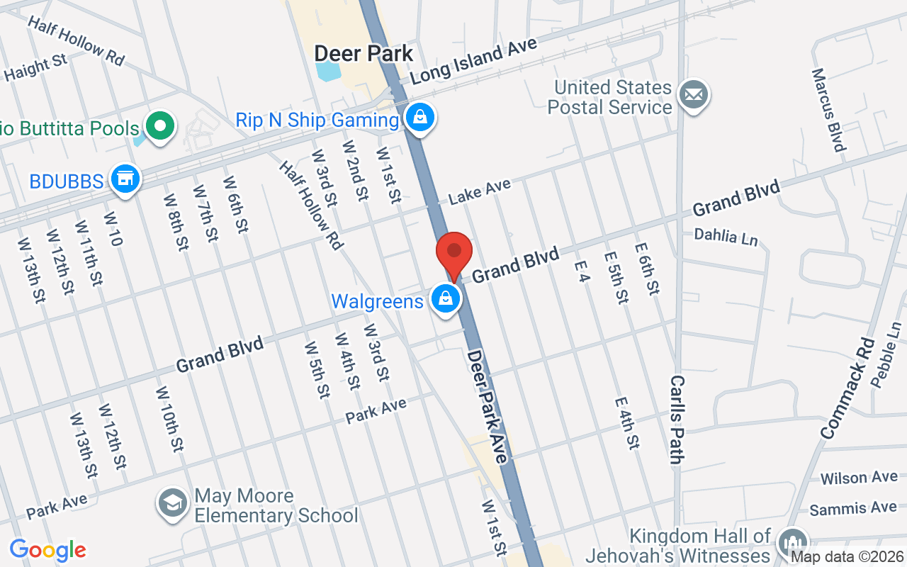 Map of Deer Park Ave @ Grand Blvd in Deer Park, NY - common car accident location