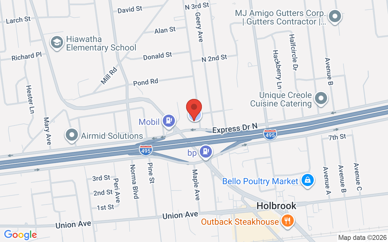 Map of LIE Exit 60 service rds in Holbrook, NY - common car accident location