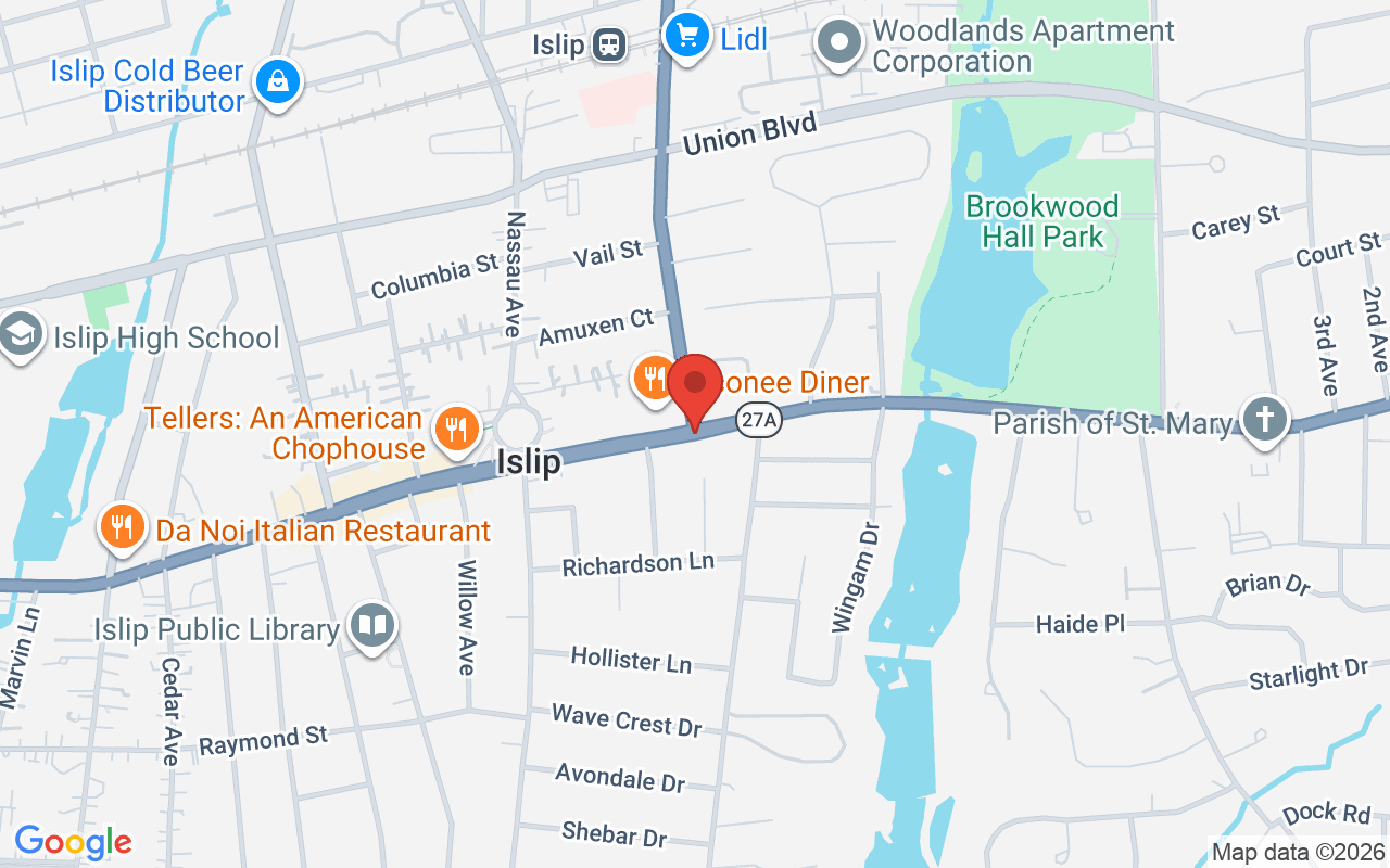 Map of Montauk Hwy @ Islip Ave in Islip, NY - common car accident location