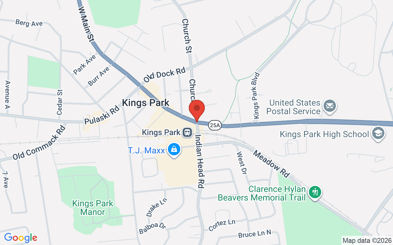 Map of Rt 25A @ Indian Head Rd in Kings Park, NY - common car accident location