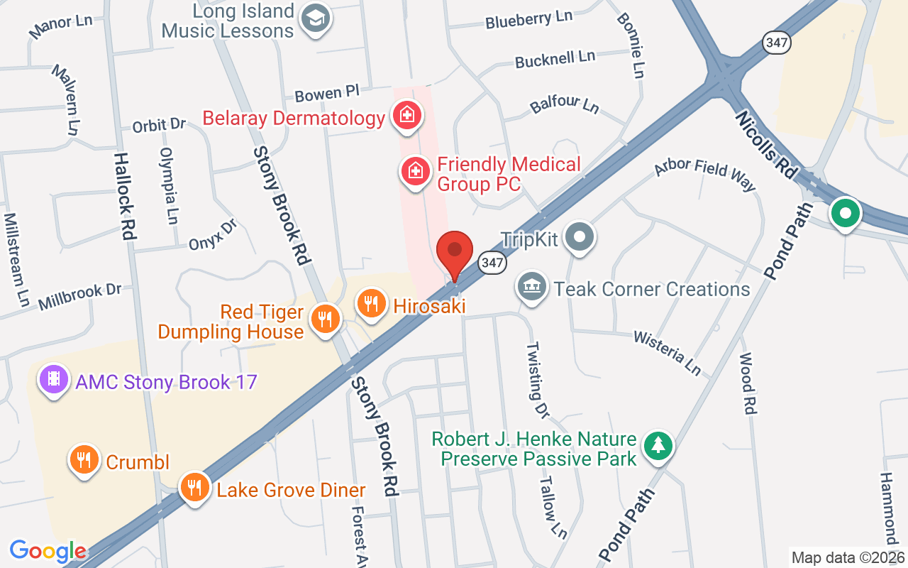 Map of Rt 25 @ Rt 347 in Lake Grove, NY - common car accident location