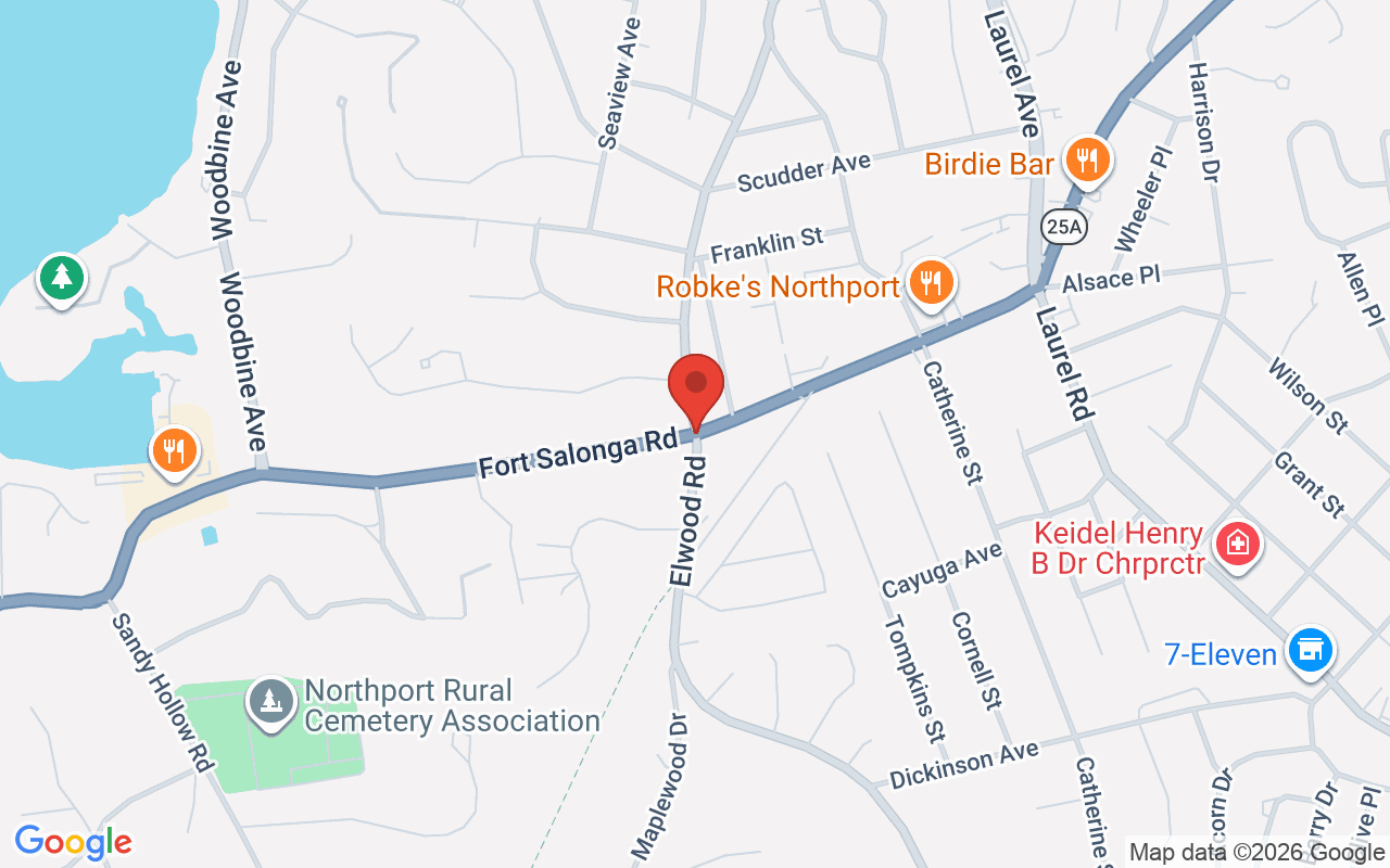 Map of Rt 25A @ Reservoir Ave in Northport, NY - common car accident location