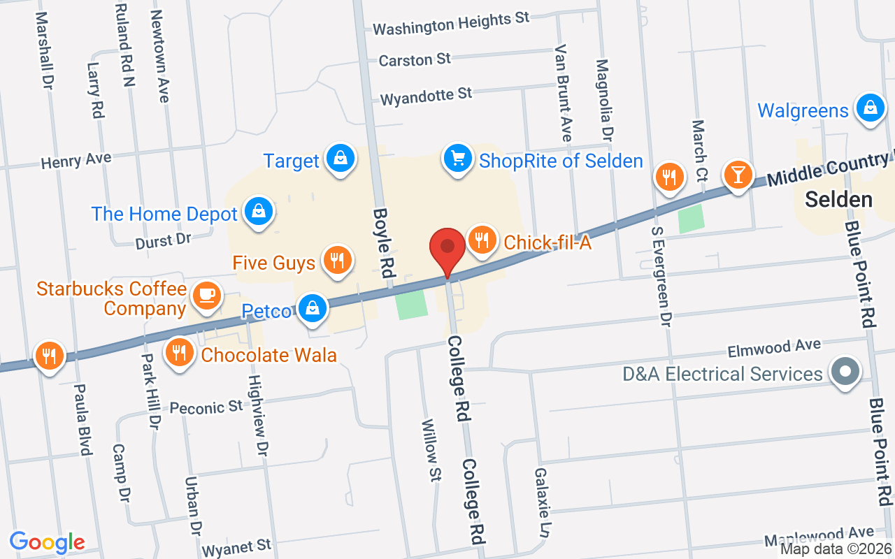Map of Rt 25 @ College Rd in Selden, NY - common car accident location