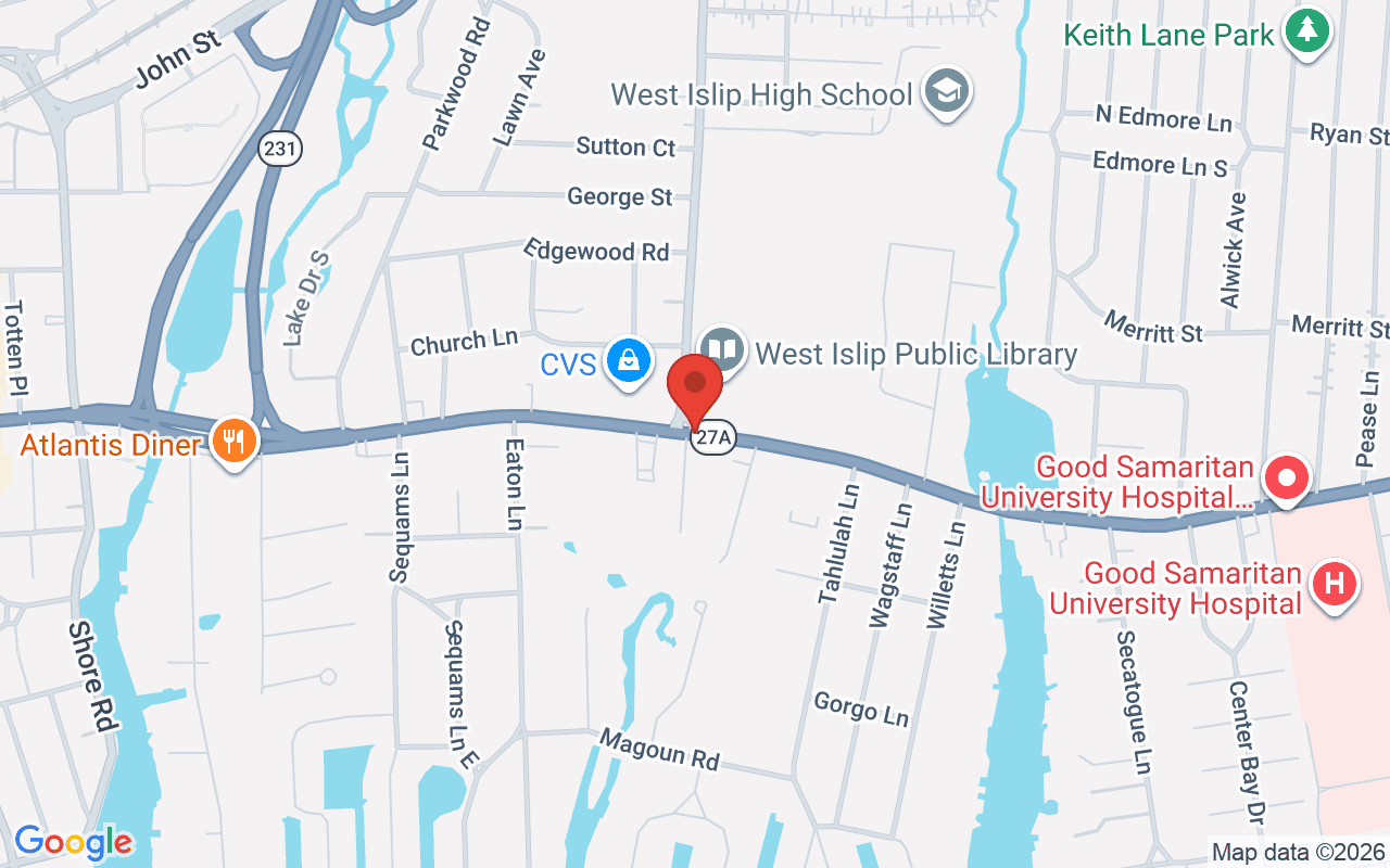 Map of Montauk Hwy @ Higbie Ln in West Islip, NY - common car accident location