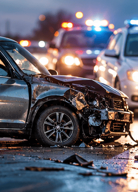A car with severe front-end crash damage at the scene of an accident, with police lights in the background