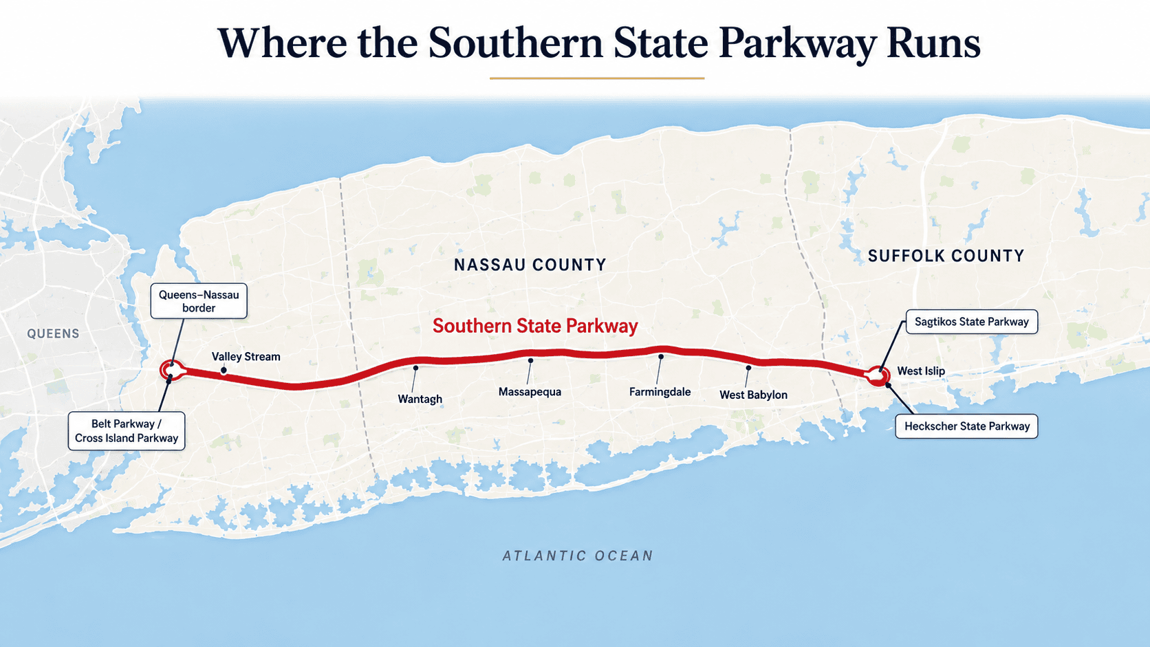 Map of the Southern State Parkway route across Nassau and Suffolk counties, Long Island