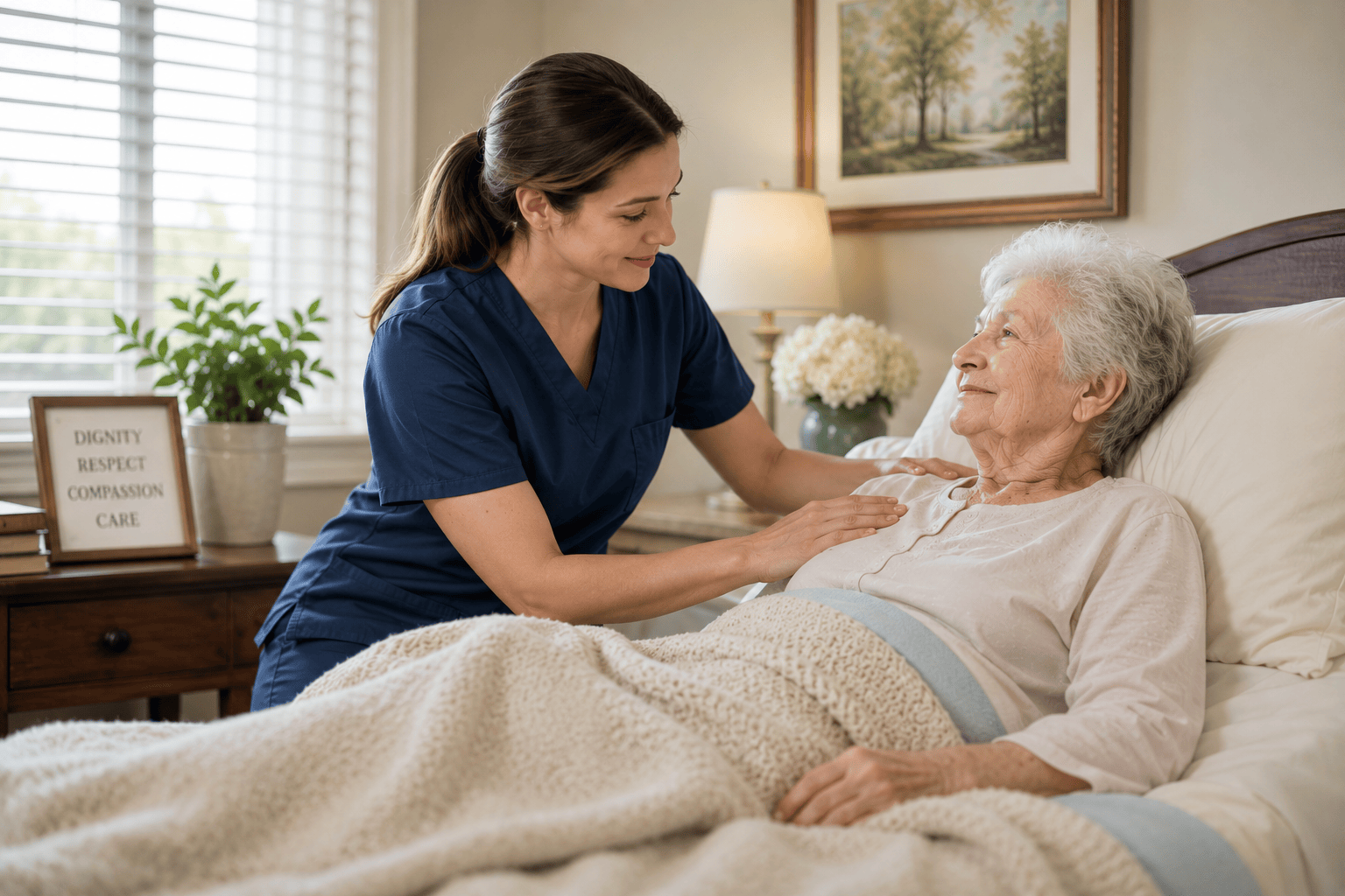Attentive bedside care for an elderly nursing home resident — the monitoring and repositioning that help prevent pressure injuries