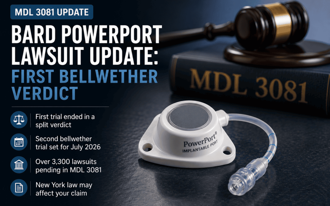 Medical and legal illustration for the Bard PowerPort lawsuit update involving MDL 3081, the first bellwether verdict, and New York injury claims.