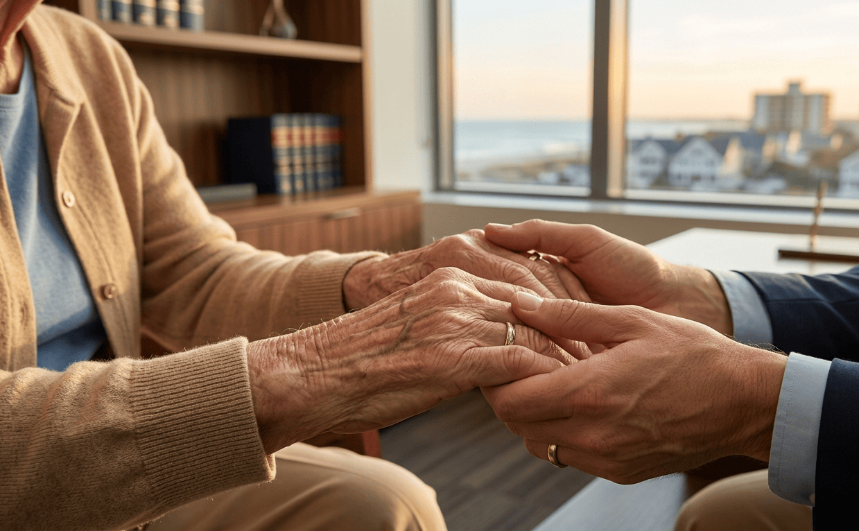 An attorney holds an elderly client's hands in a Long Island law office, offering compassionate support to a family pursuing a nursing home neglect claim