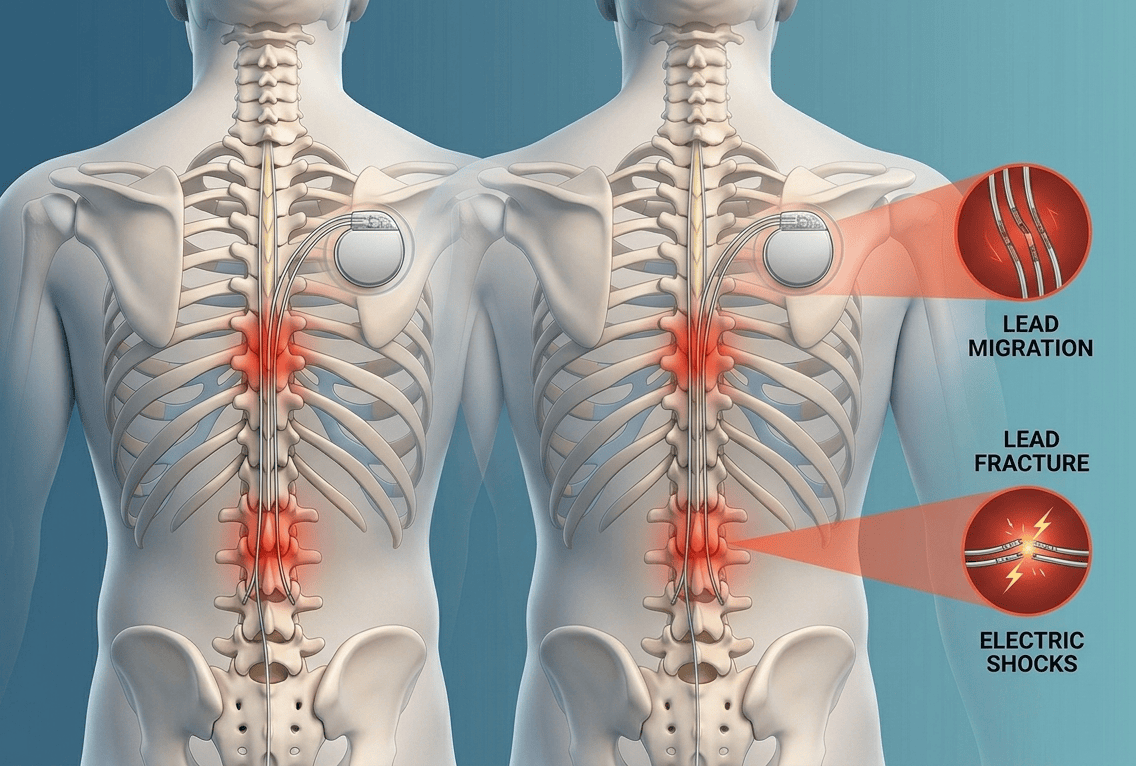 Spinal cord stimulator implant showing lead wires near the spine that can migrate or fracture, causing injury