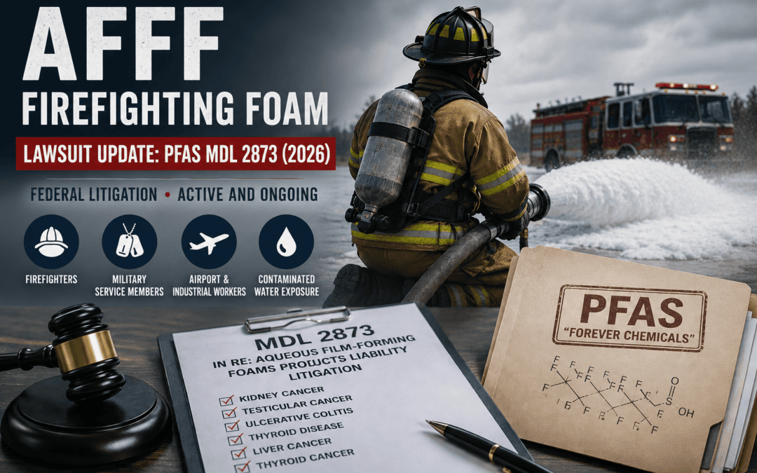 Firefighter using AFFF firefighting foam during training with legal case documents representing the ongoing PFAS firefighting foam multidistrict litigation (MDL 2873).