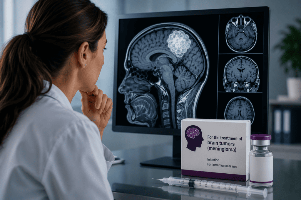Doctor reviewing brain MRI images for meningioma, the tumor at the center of Depo-Provera lawsuits