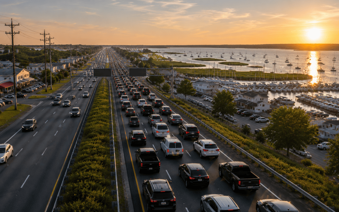 Heavy summer traffic on a Long Island highway beside a busy marina and bay at sunset, illustrating increased seasonal road and boating activity.