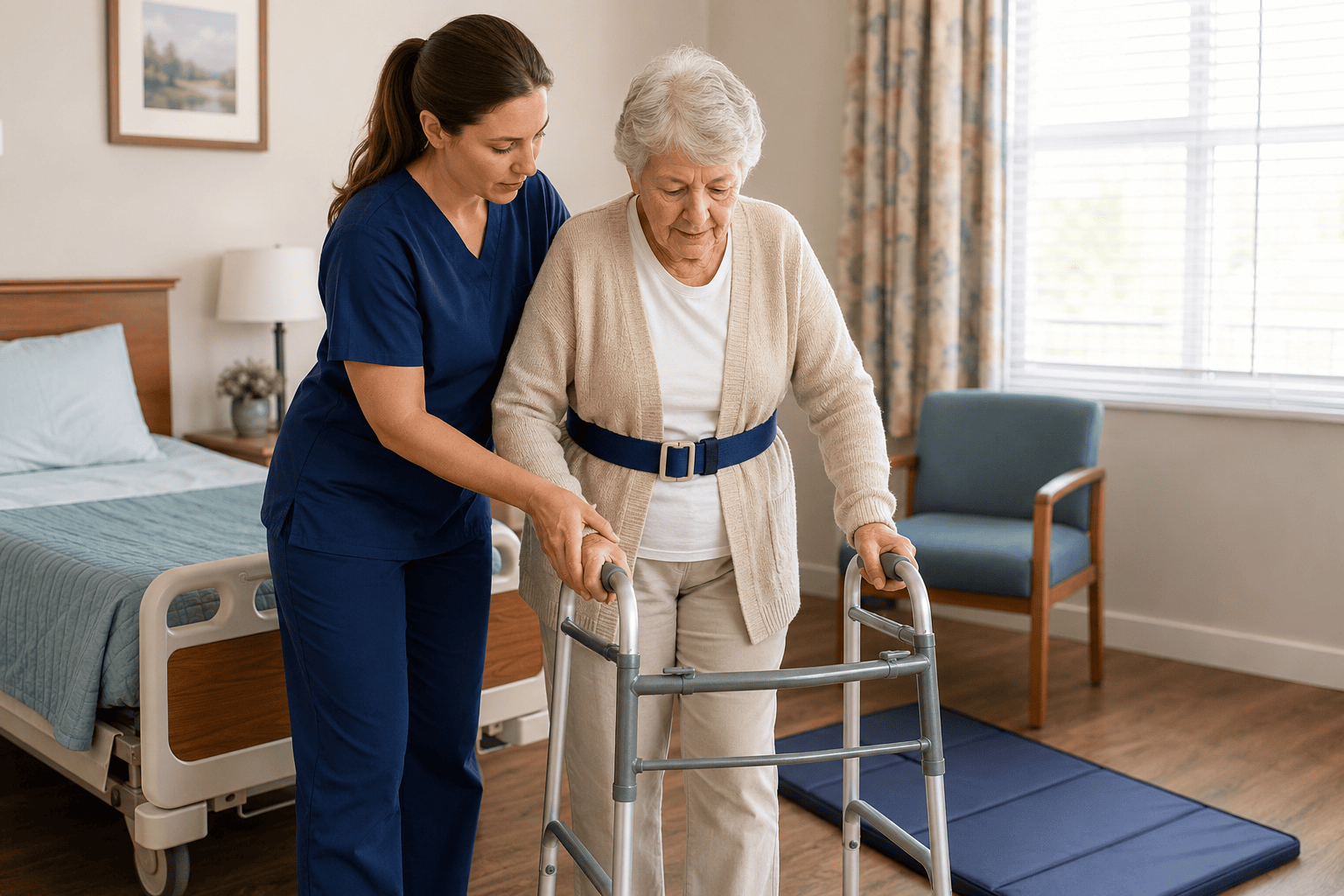 Caregiver steadying an elderly nursing home resident — the supervision and assistance that help prevent serious falls