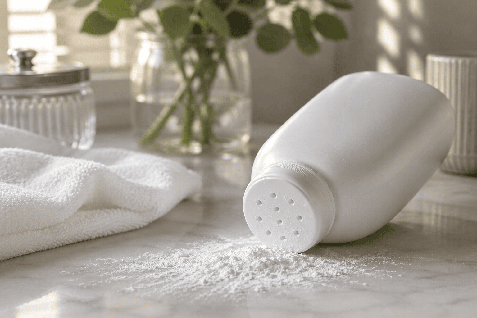 White talcum powder bottle tipped over with spilled powder on a bathroom counter, illustrating talc ovarian cancer and mesothelioma claims.