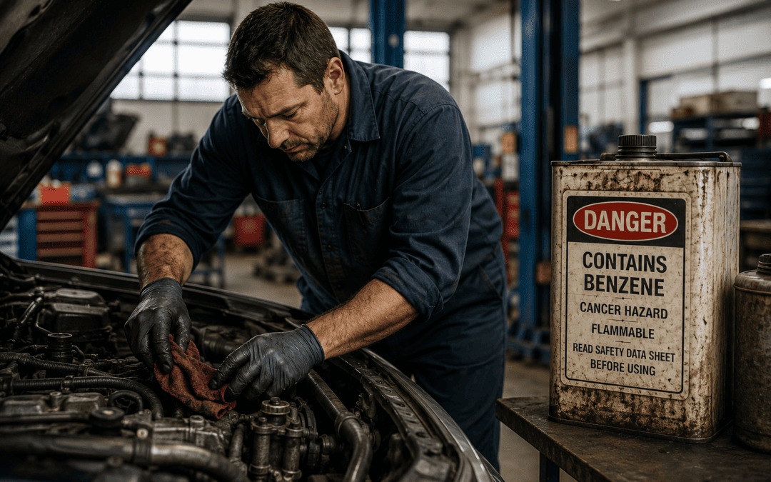 Mechanic working on a vehicle beside a container labeled benzene and cancer hazard