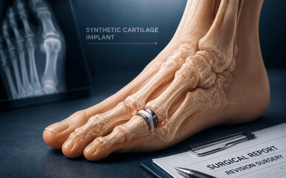 Medical illustration of a synthetic cartilage implant in the big toe joint with X-ray overlay representing Cartiva implant revision surgery and related litigation.