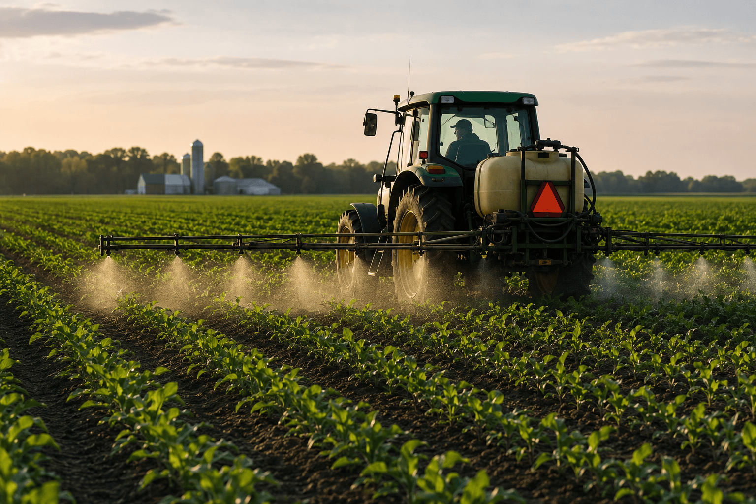 Tractor spraying herbicide on a farm field &mdash; the kind of agricultural paraquat application at issue in Parkinson’s disease lawsuits