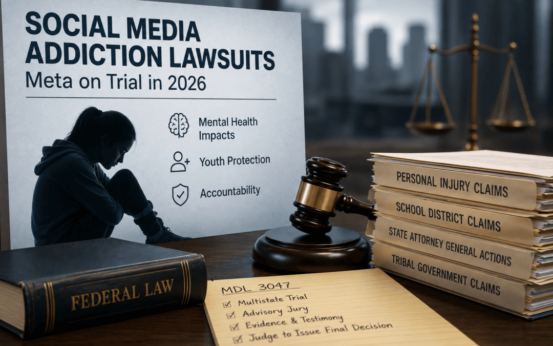 Social media addiction lawsuit involving Meta in 2026, with a courtroom gavel, legal case files, and a smartphone