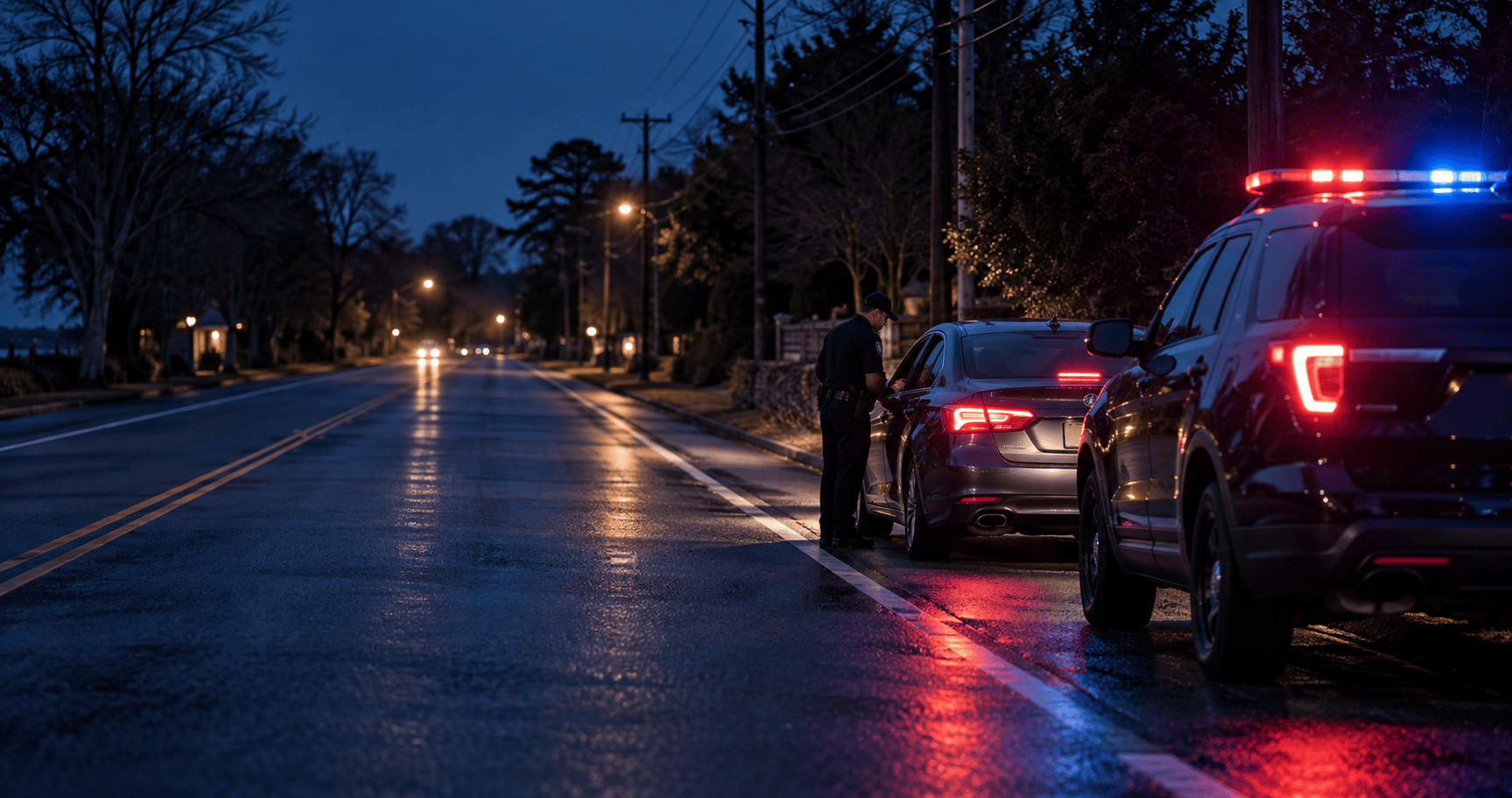 A police traffic stop at night on Long Island, where every DWI case begins
