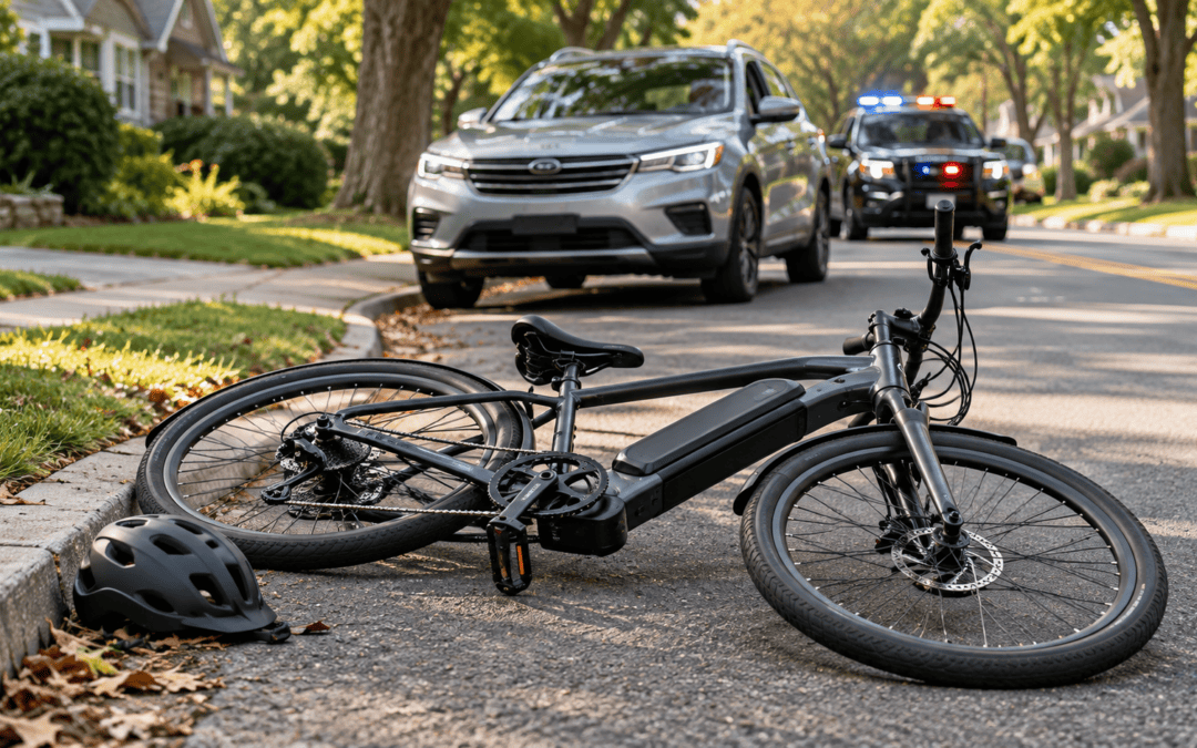 Electric bicycle and helmet beside a curb, with an SUV and police vehicle in the background.