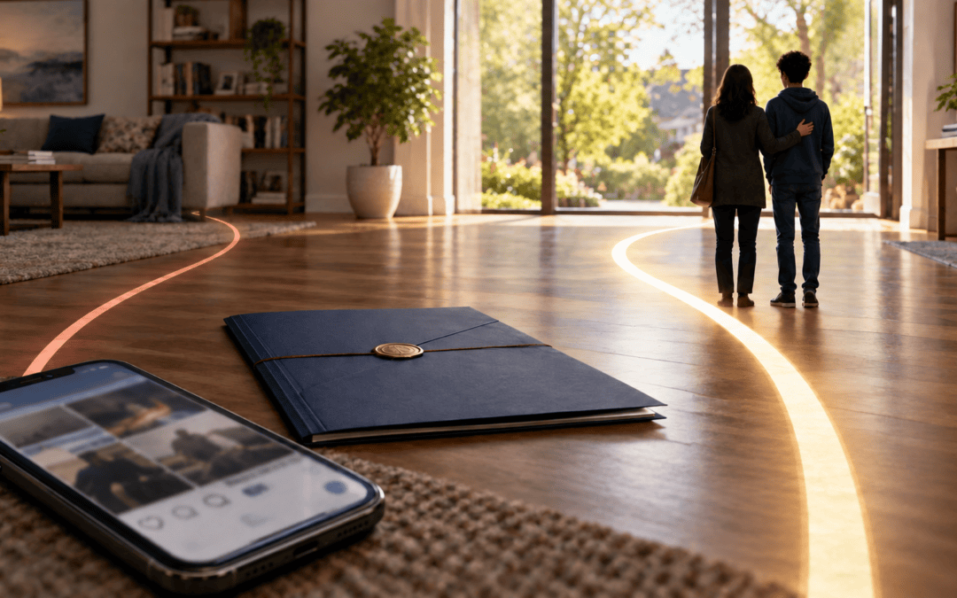 Parent and teenager walking along a separate path beside a smartphone and settlement document, symbolizing continuing personal injury claims.