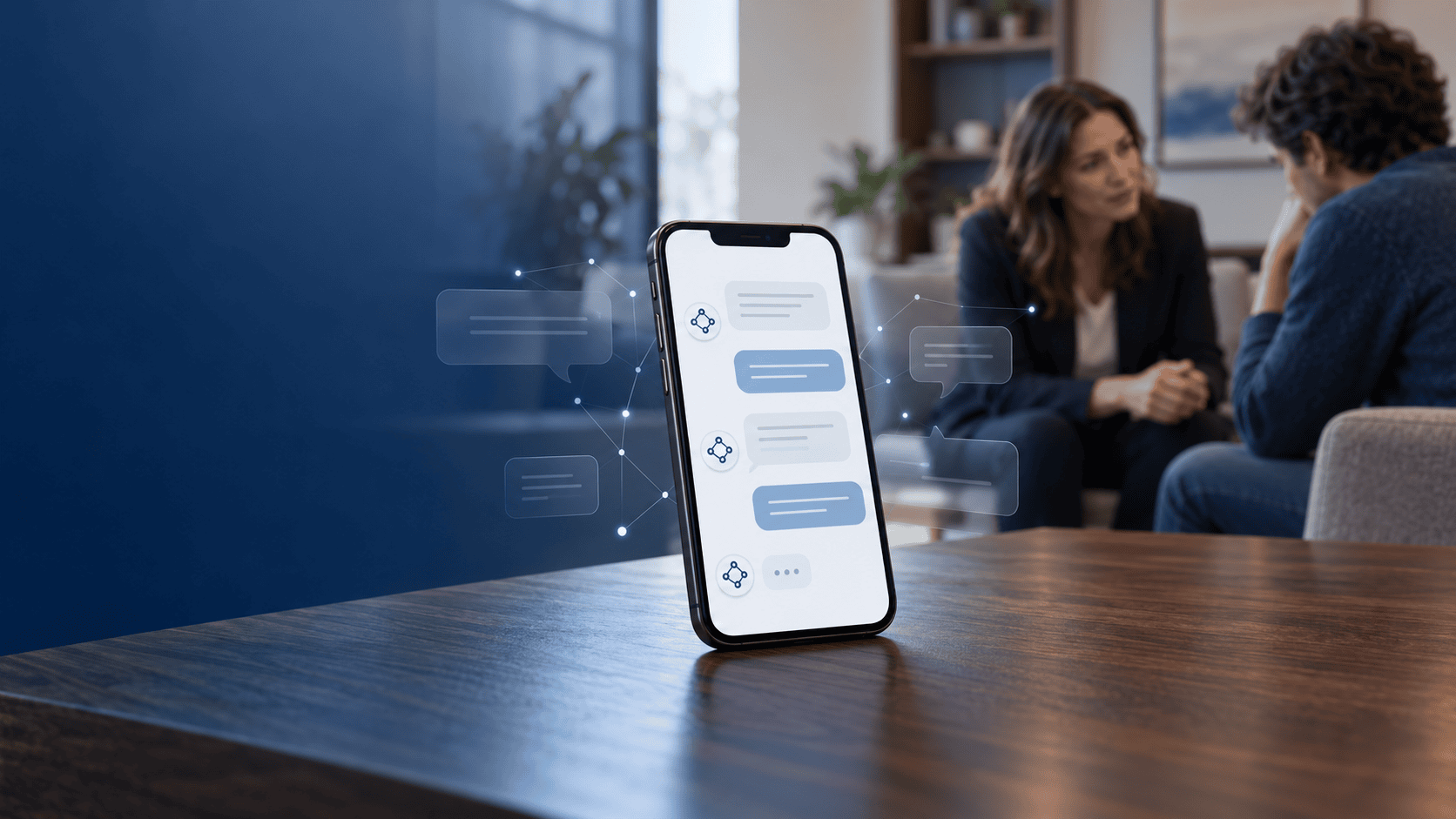 Smartphone displaying an AI chatbot conversation, with two adults talking in a consultation room behind it.