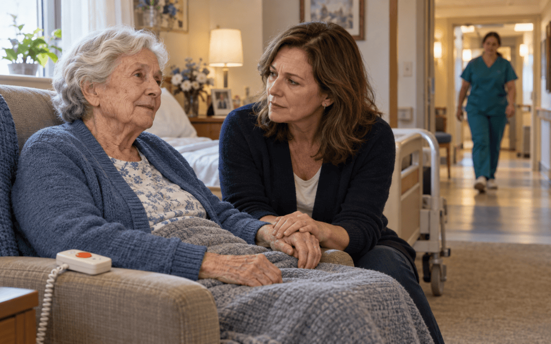 Nursing home resident holding hands with her daughter as a caregiver approaches, with a nurse call button nearby.