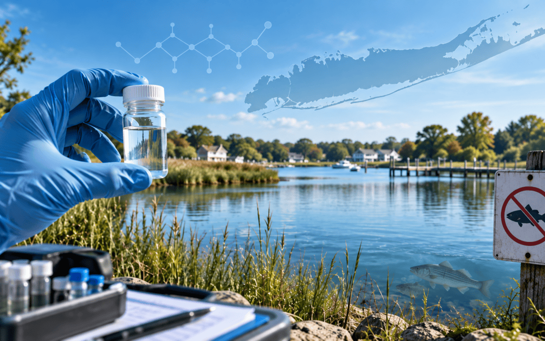 Illustration of PFAS water testing, with a gloved hand holding a sample vial, a Long Island map, and a no-fishing sign.